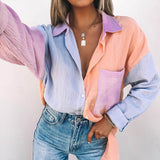 Patchwork Lapel Buttons Blouse Silver Sam