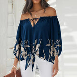 Printed Long Sleeve Lace-up Slash Neck Pullover Blouse