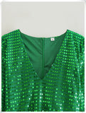 Solid Green Sequined Skinny Playsuit Women Fashion Spring Long Sleeve