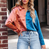 Turn-down Collar Fashion Patchwork Satin Blouse Silver Sam