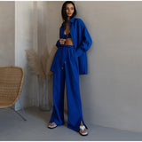 Single-breasted Lapels Long Sleeve Shirt & High Waist Wide Leg Pants