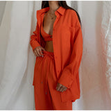 Single-breasted Lapels Long Sleeve Shirt & High Waist Wide Leg Pants