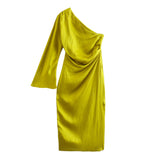 Draped Satin Asymmetrical Midi Dress