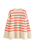 Side Slit Striped Beige Casual Knitted Pullovers Sweater