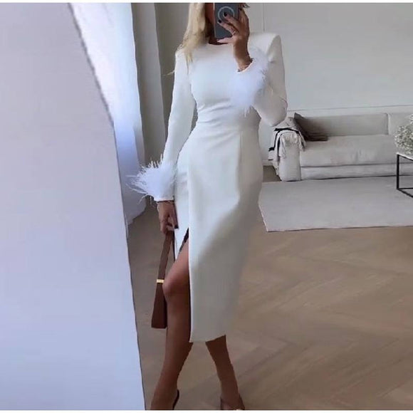 Elegant White Feather Long Sleeve Midi Dress Silver Sam