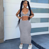 V Neck Black Crop Top And Midi Bodycon Skirts