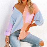 Patchwork Lapel Buttons Blouse Silver Sam