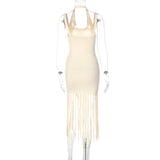 Women Ribbed Tassel Sexy Sleeveless Backless Halter Bodycon Midi Dress Silver Sam