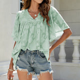 V-Neck Floral Texture Flare Half Sleeve Loose Chiffon Pullover Silver Sam