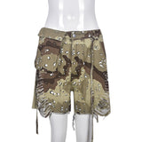 Streetwear WomTassel Shorts Camouflage Pockets Ditsy