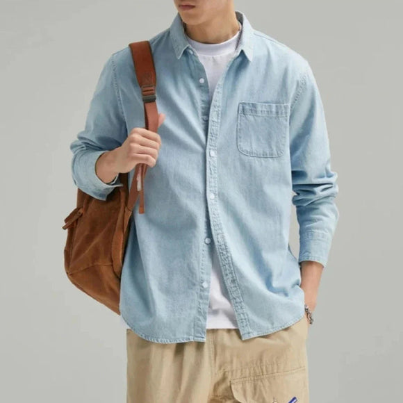 Men's Long Sleeve Single Pocket Denim Shirt Yellow Pandora