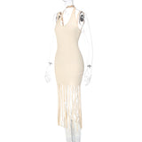 Women Ribbed Tassel Sexy Sleeveless Backless Halter Bodycon Midi Dress Silver Sam