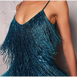 Sequins Tassel Feather Spaghetti Strap Dress Silver Sam