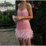 Sequins Tassel Feather Spaghetti Strap Dress Silver Sam