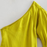Draped Satin Asymmetrical Midi Dress