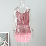 Sequins Tassel Feather Spaghetti Strap Dress Silver Sam