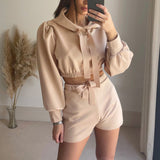 Long Sleeve Hooded Tie Top & Shorts Set Silver Sam