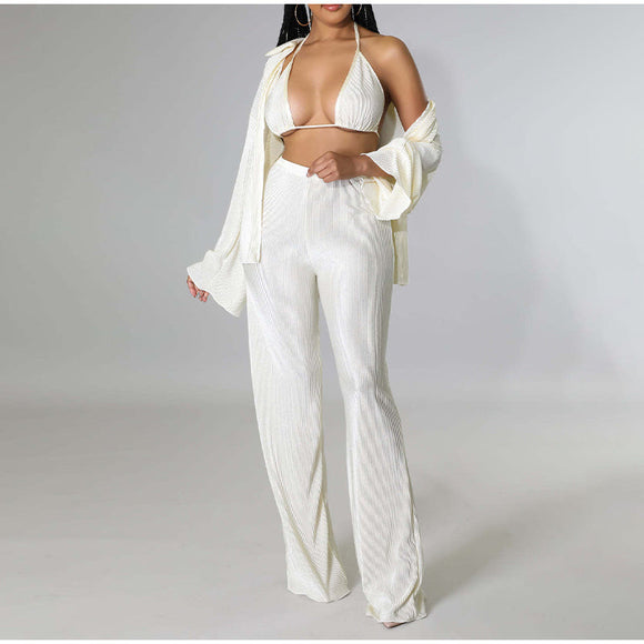 Three Piece Loose Shirt Trousers Bra Set