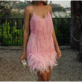 Sequins Tassel Feather Spaghetti Strap Dress Silver Sam