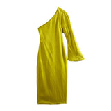 Draped Satin Asymmetrical Midi Dress