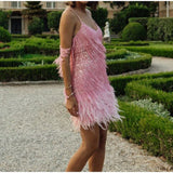 Sequins Tassel Feather Spaghetti Strap Dress Silver Sam