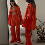 Single-breasted Lapels Long Sleeve Shirt & High Waist Wide Leg Pants