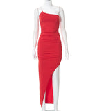 Ruched One Shoulder Slit Maxi Dress Silver Sam