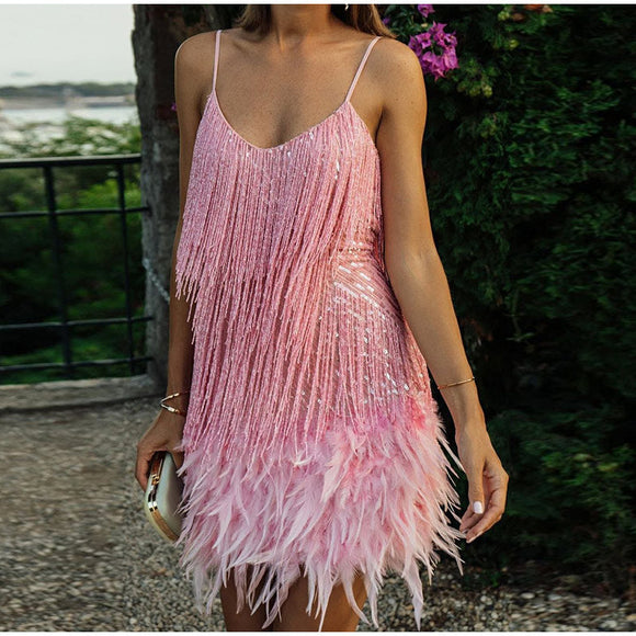 Sequins Tassel Feather Spaghetti Strap Dress Silver Sam