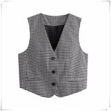 Black Plaid Vest V-Neck Sleeveless Chic Top Silver Sam
