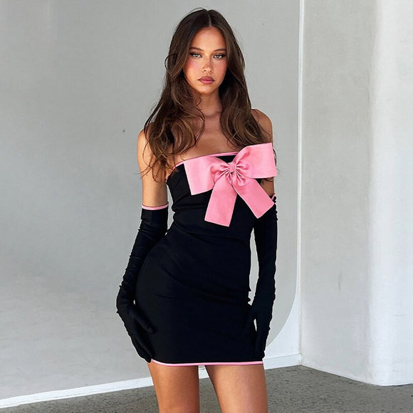 Bows Trim Strapless Corset Top Mini Skirt Set
