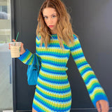 Stripe Print Long Sleeves O Neck Patchwork Mini Dress Silver Sam