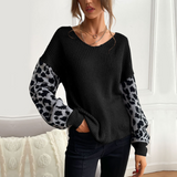 Womens V Neck Sweater With Leopard Print Sleeves Yellow Pandora