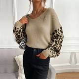 Womens V Neck Sweater With Leopard Print Sleeves Yellow Pandora