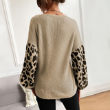 Womens V Neck Sweater With Leopard Print Sleeves Yellow Pandora