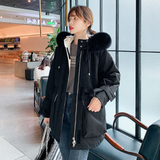 Womens Mid Length Zipper Coat with Furry Hood Yellow Pandora