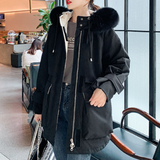 Womens Mid Length Zipper Coat with Furry Hood Yellow Pandora