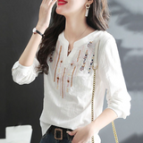 Women's V-Neck Embroidery Quarter Sleeve Top Yellow Pandora