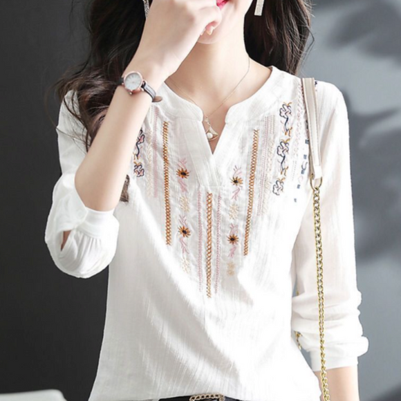 Women's V-Neck Embroidery Quarter Sleeve Top Yellow Pandora