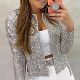 Sequins Shiny Jacket Elegant O Neck Outerwear Silver Sam