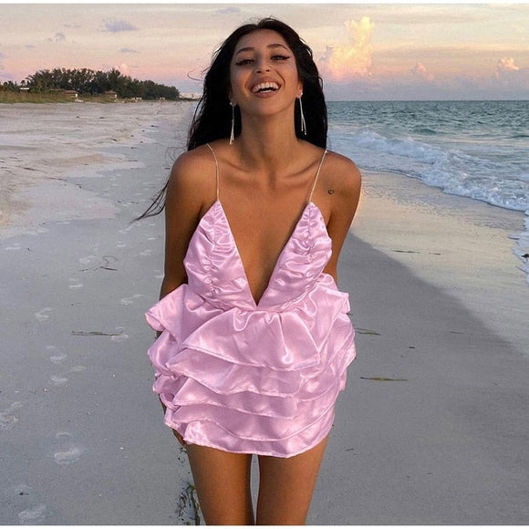 Sexy Deep V Backless Mini Tiered Dress Silver Sam