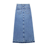 Straight Denim Maxi Skirt with Tassel Trim & Slit