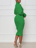 High Neck Long Sleeve Belt Knitted Sweater Dress