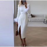 Elegant White Feather Long Sleeve Midi Dress Silver Sam