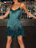 Sequins Tassel Feather Spaghetti Strap Dress Silver Sam