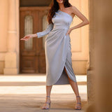 Puff Sleeve Side High Split Long Dress Silver Sam