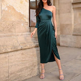 Puff Sleeve Side High Split Long Dress Silver Sam