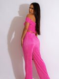 Off Shoulder Crop Top & Wide Leg Pants Set