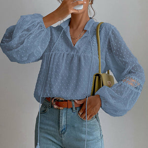 Tassel V-Neck Lantern Sleeve Patchwork Sheer Lace Top