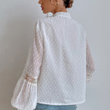 Tassel V-Neck Lantern Sleeve Patchwork Sheer Lace Top