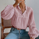 Tassel V-Neck Lantern Sleeve Patchwork Sheer Lace Top
